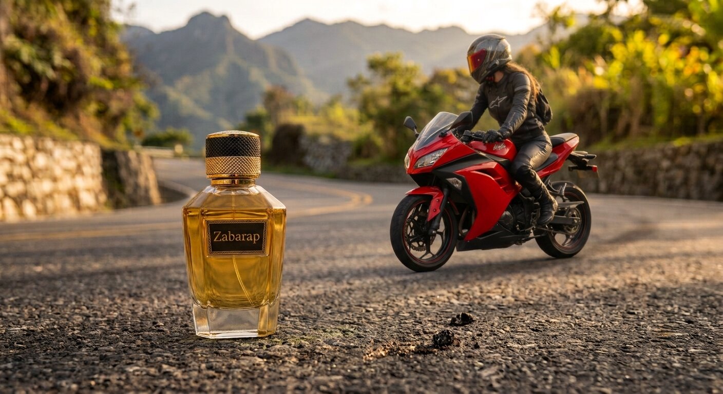 Perfume zabarap posando en una carretera y de fondo una joven en moto manejando mientras observa el perfume.