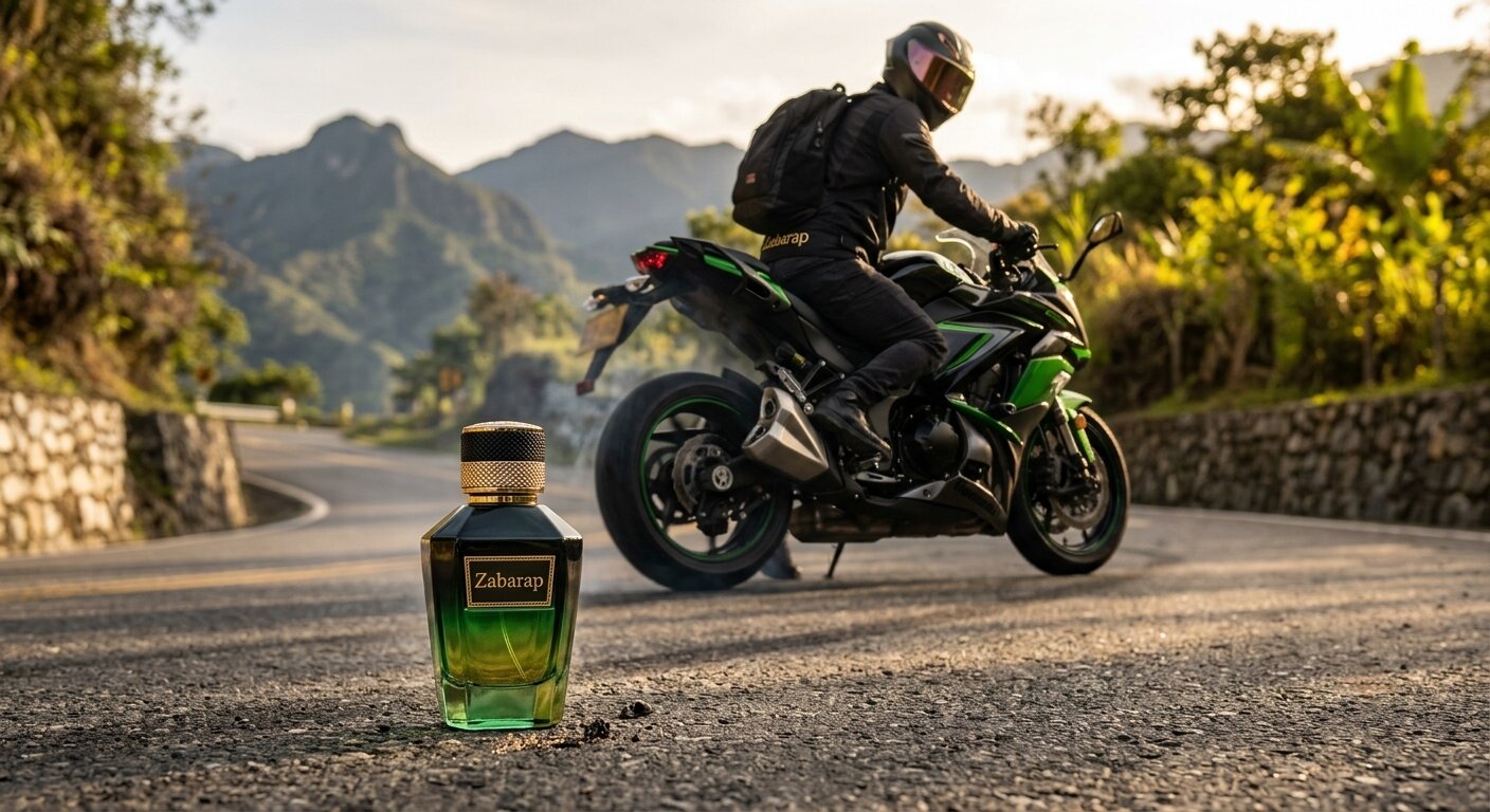 Perfume zabarap posando en una carretera y de fondo un joven en moto manejando mientras observa el perfume.