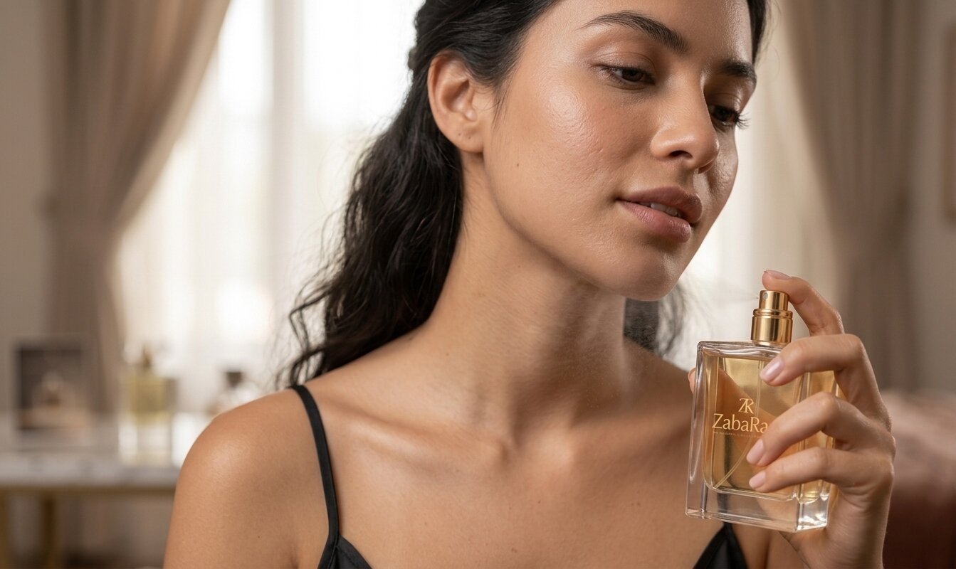 Foto de mujer que está de frente aplicándose perfume zabarap en el cuello