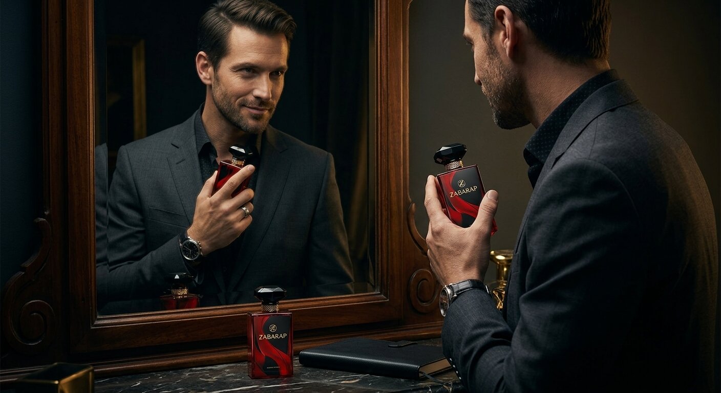 Hombre muy confiado en si mismo mirándose al espejo aplicándose perfume zabarap.